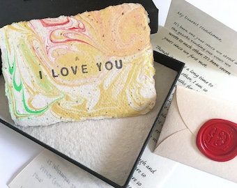 Artistic Love Letter gift set. Personalized letter and Handmade marbled card