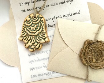 Sentimental Jewish gift for Sister/Mom/Dad. Artisan made ceramic Hamsa luck ornament and your personalized love letter