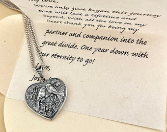 Original artistic Love Birds necklace & personalized letter. Eco-friendly Valentine's gift. Ethical recycled 925 sterling silver