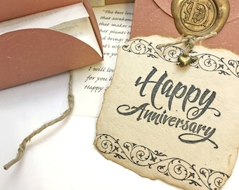 Vintage style 1st anniversary gift for hopeless romantic husband/wife. Personalized letter & handmade paper card