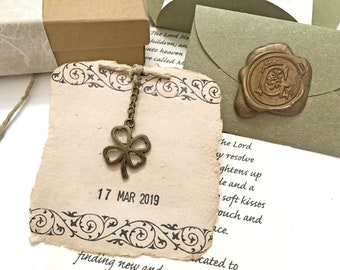 Personalized St. Patrick's Day gift idea. Sentimental friendship present, Your letter & Shamrock charm card