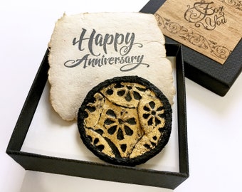 One of a kind, artisan made, handcrafted paper brooch & recycled handmade paper card. Out of the box 1st wedding anniversary gift for wife