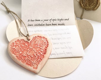 Romantic 9th wedding anniversary, pottery, gift for wife, Personalized love letter & Ceramic heart ornament