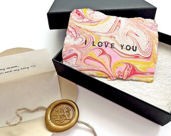 Original gift from Groom to Bride. Personalized love letter & Unique Hand-Marbled handcrafted paper card. Thoughtful Eco-conscious present