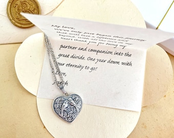 Lovebirds theme necklace, ethically recycled silver, Personalized letter, Eco-friendly keepsake for a hopeless romantic spouse