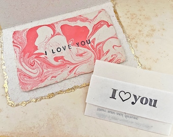 Unique sentimental wedding anniversary gift for husband/wife. Personalized love letter & Marbling painting on recycled handmade paper card