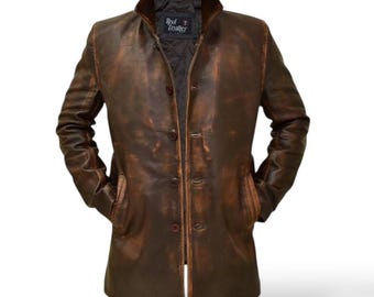 Chaqueta de cuero marrón estilo vintage hecha a mano para hombre – Aspecto desgastado natural – Regalo de cuero auténtico para él