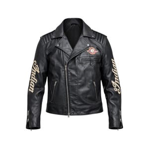 Indian Motorcycle herrläderjacka – svart bikerjacka med förargruppsmärke, vintage cruiser-stil