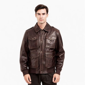 Men’s Vintage Brown Leather Bomber Jacket | Classic Aviator Flight Jacket | Retro Military Style Genuine Leather Outerwear