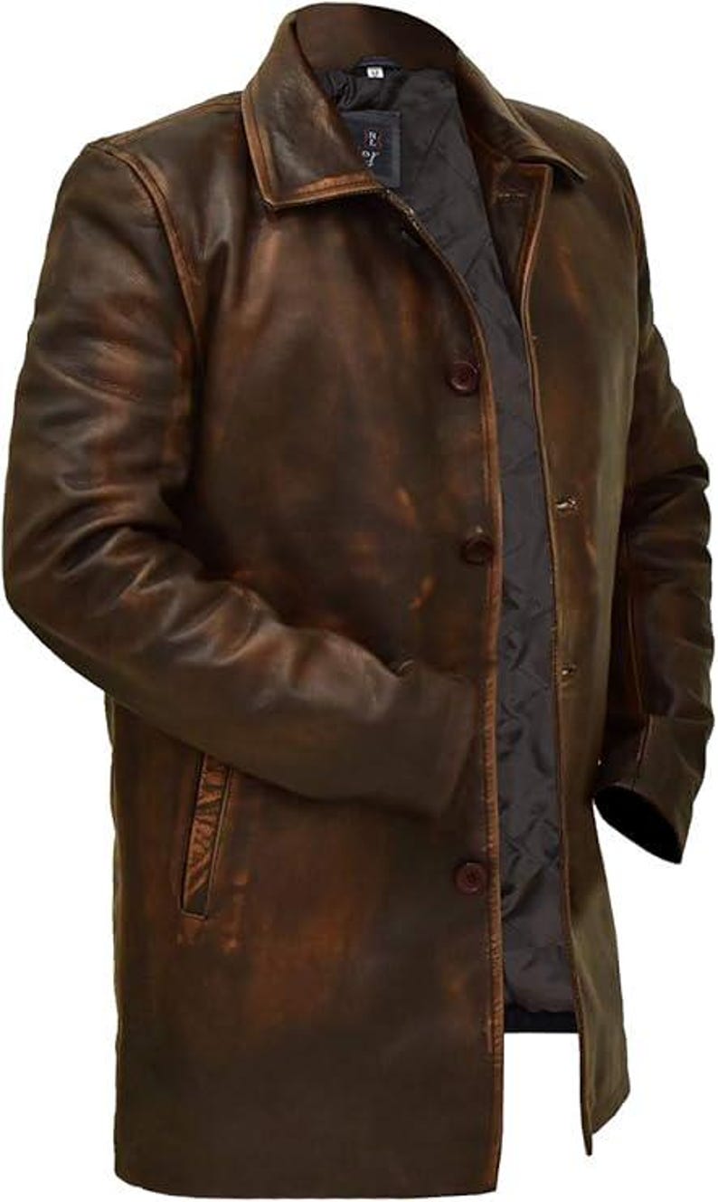 May include: Brown leather jacket with a classic design. The jacket features a button-down front, a notched collar, and a quilted lining. The leather has a distressed finish, giving it a vintage look.