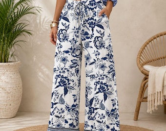Women’s Boho Wide Leg Palazzo Pants | Flowy Lounge Trousers with Elastic Waist Drawstring | Beach Vacation Outfit