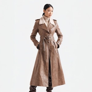Women’s Long Brown Leather Trench Coat – Shearling Collar Belted Jacket – Double Breasted Genuine Leather Winter Outerwear