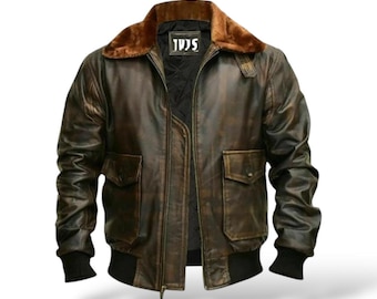 Blouson en cuir aviateur G-1 - Blouson aviateur vintage - Style pilote militaire - Cuir de vachette effet vieilli - Vêtements d'extérieur classiques pour hommes