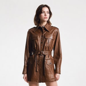 Women’s Brown Leather Coat Dress – Belted Long Sleeve Shirt Jacket – Genuine Leather Outerwear with Pockets – Vintage Style Trench