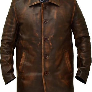 May include: A brown leather jacket with a button-up front, a collared neckline, and two front pockets. The jacket has a distressed, vintage look with variations in the brown color.