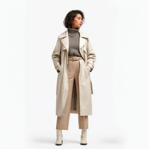Women’s Beige Leather Coat Dress – Belted Long Sleeve Shirt Jacket – Genuine Leather Outerwear with Pockets – Vintage Style Trench