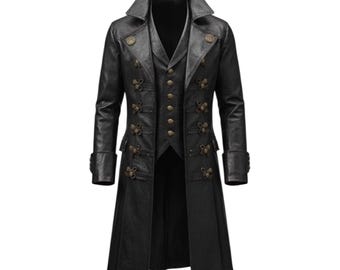 Black Steampunk Trench Coat for Women – Gothic Pirate Style Leather Jacket, Renaissance Victorian Punk Long Coat