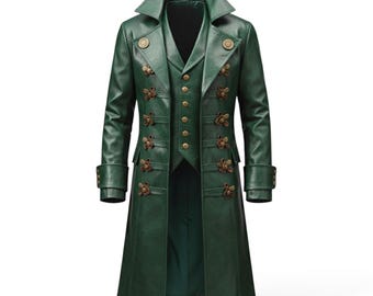 Men’s Vintage Green Steampunk Leather Coat | Long Pirate Trench Jacket | Medieval Renaissance Outerwear | Retro Punk Gothic Leather Coat