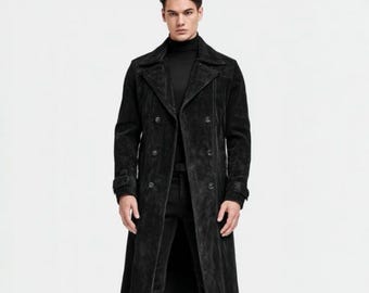 Men Black Suede Leather Trench Coat | Vintage-Inspired Long Overcoat Jacket | Classic Button-Up Winter Coat | Stylish Retro Fall Winter Coat
