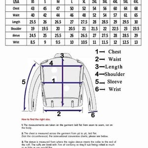 May include: A size chart labeled "Gents Size Chart" with measurements in inches for chest, waist, length, shoulder, sleeve, and wrist. A diagram of a jacket illustrates where to measure. Instructions on how to find the right size are included.