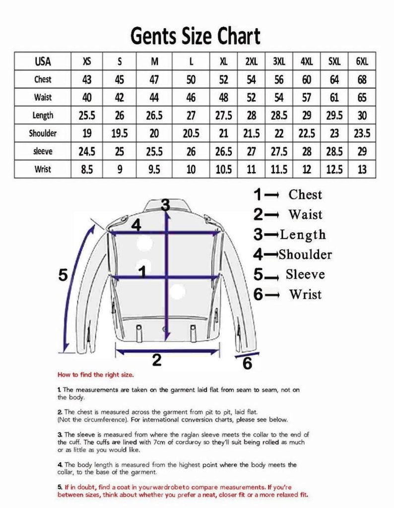 May include: A size chart labeled "Gents Size Chart" with measurements in inches for chest, waist, length, shoulder, sleeve, and wrist. A diagram of a jacket illustrates where to measure. Instructions on how to find the right size are included.