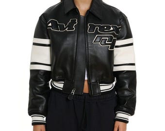 Vintage Black Avirex  Leather Jacket Women's Bomber Coat Retro 90s Streetwear Genuine Leather Aviator Style