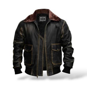 Handmade Men’s G-1 US Navy Flight Jacket – Distressed Black Leather Jacket with Fur Collar – Genuine Leather Gift for Him