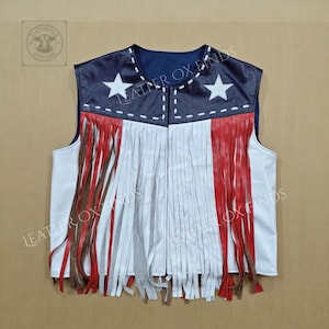 Handmade American Flag Leather Vest with Fringe – Handmade Patriotic Western Wear – Stars and Stripes Biker Vest Men & Women