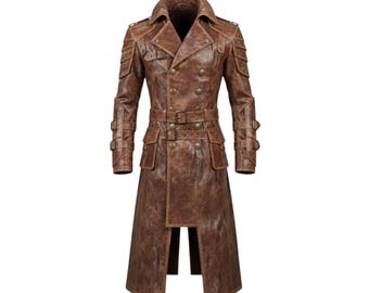 Men’s Distressed Brown Steampunk Leather Trench Coat – Gothic Victorian Pirate Long Jacket, Retro Cosplay Duster Overcoat