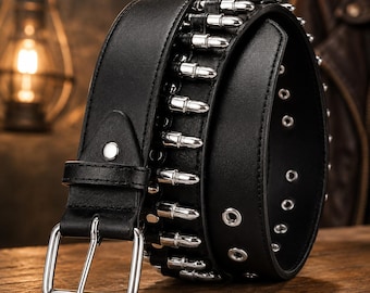 Black Gothic Bullet Belt, Punk Studded Waist Belt for Men Women, Rocker Emo Festival Fashion Leather Accessory