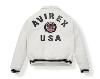 White Avirex Leather Jacket Men’s Bomber Coat Retro 90s Streetwear Genuine Leather Aviator Style