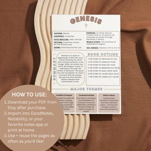 May include: A beige and white printable PDF document titled "Genesis" with a cross graphic. The document includes a summary, book outline, and major themes. Instructions on how to use the PDF are also included.