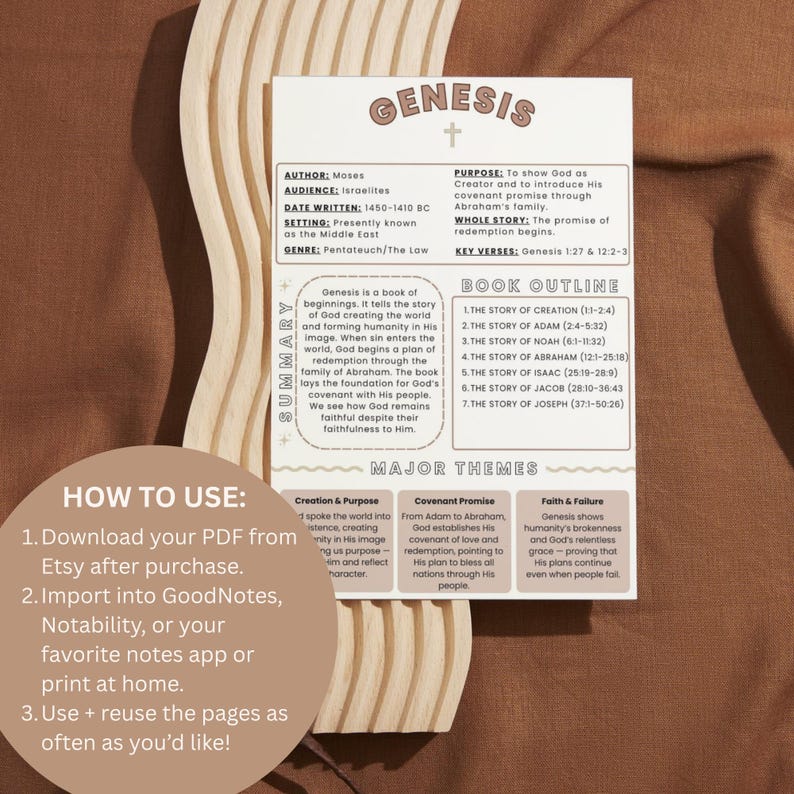 May include: A beige and white printable PDF document titled "Genesis" with a cross graphic. The document includes a summary, book outline, and major themes. Instructions on how to use the PDF are also included.