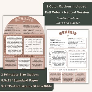 May include: Two printable Bible study guides, 8.5x11 and 5x7 inches, with the title "Genesis" and the text "Understand the Bible at a Glance." The guides include book outlines, major themes, and key verses. Available in full color and neutral versions.