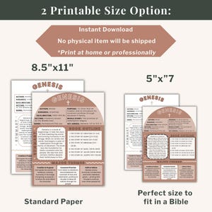 May include: Two printable Bible study guides, one 8.5"x11" and the other 5"x7", with the title "Genesis". The guides include book outlines, major themes, and key verses. The text reads "Instant Download" and "Print at home or professionally".