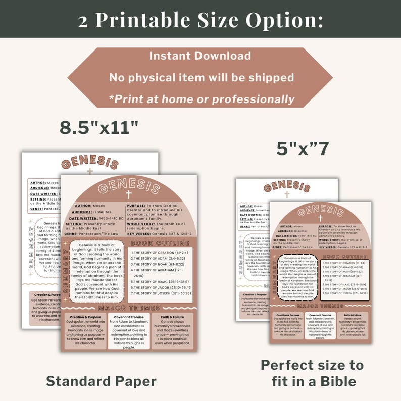 May include: Two printable Bible study guides, one 8.5"x11" and the other 5"x7", with the title "Genesis". The guides include book outlines, major themes, and key verses. The text reads "Instant Download" and "Print at home or professionally".