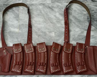 Handmade Leather Chest Rig with Holster and Six Pouches