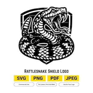 May include: Black and white rattlesnake shield logo. The design features a coiled snake with its mouth open, set against a shield shape. The image includes file type options: SVG, PNG, PDF, and JPEG, along with usage information.