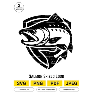 Puede incluir: Diseño de logotipo de salmón en blanco y negro. La imagen presenta un salmón estilizado dentro de un escudo. El texto "SALMON SHIELD LOGO" está debajo, con opciones de archivo SVG, PNG, PDF y JPEG. También incluye "2 VERSIONS INCLUDED".
