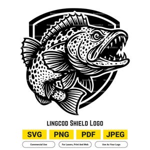 Lingcod-logotyp SVG | Saltvattenfiske-logotypvektor | Lasergravyr