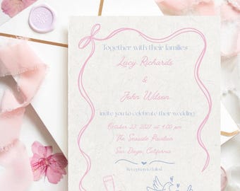 Editable Wedding Invitation, Canva Template — Vintage Romantic Wedding! Blush Pink + Dusty Blue Wedding Invitation Card!