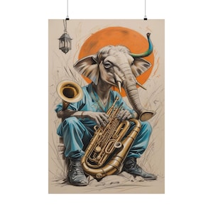 Whimsical Elephant Jazz Poster | Unique Art Decor for Music Lovers, Fun Wall Art for Home, Gift for Musicians, Office Decor