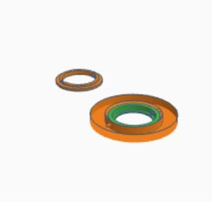 May include: An orange and green mechanical part with a circular design. The part has a flat, disc-like base with a raised central section in green, and a smaller orange ring is separate.