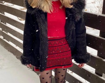 Women's Black Suede Penny Lane Coat, Handmade Vintage Style Afghan Shearling Overcoat, 90s Retro Winter Jacket, Elegant Gift For Her