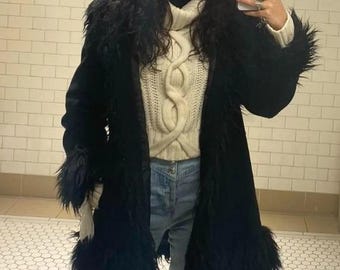 Women's Black Suede Penny Lane Coat, Handmade 80s Vintage Style Afghan Shearling Coat, Boho Winter Style Coat, Gift For Her