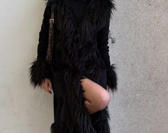 Women's Black Suede Penny Lane Coat, Handmade 90s Style Afghan Shearling Coat, BOHO Winter Overcoat, Elegant Gift For Her