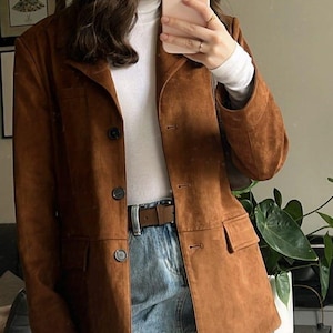 Brown Suede Leather Blazer Coat for Women Vintage Western Design Genuine Suede Leather Coat Formal Blazer Coat for Ladies Gift for her