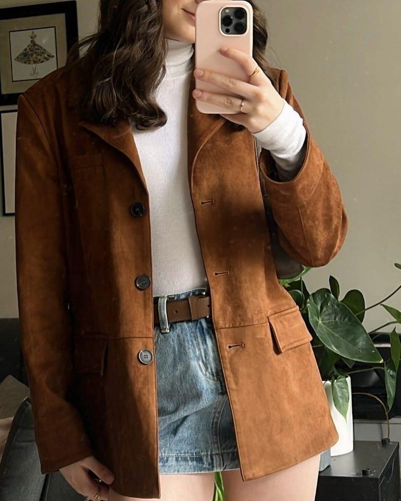 Mantel Wildleder Longblazer Vintage Creme Leinen Blend Long Blazer