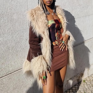 Women's Vintage Penny Lane Shearling Suede Coat | 70s Brown Leather Afghan Boho Winter Jacket | Long Faux Fur Trim Coat | Gift For Her