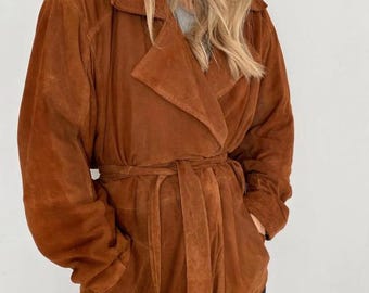 Abrigo de mujer de cuero de ante marrón, sobretodo vintage hecho a mano, chaqueta de invierno BOHO años 90, moda atemporal
